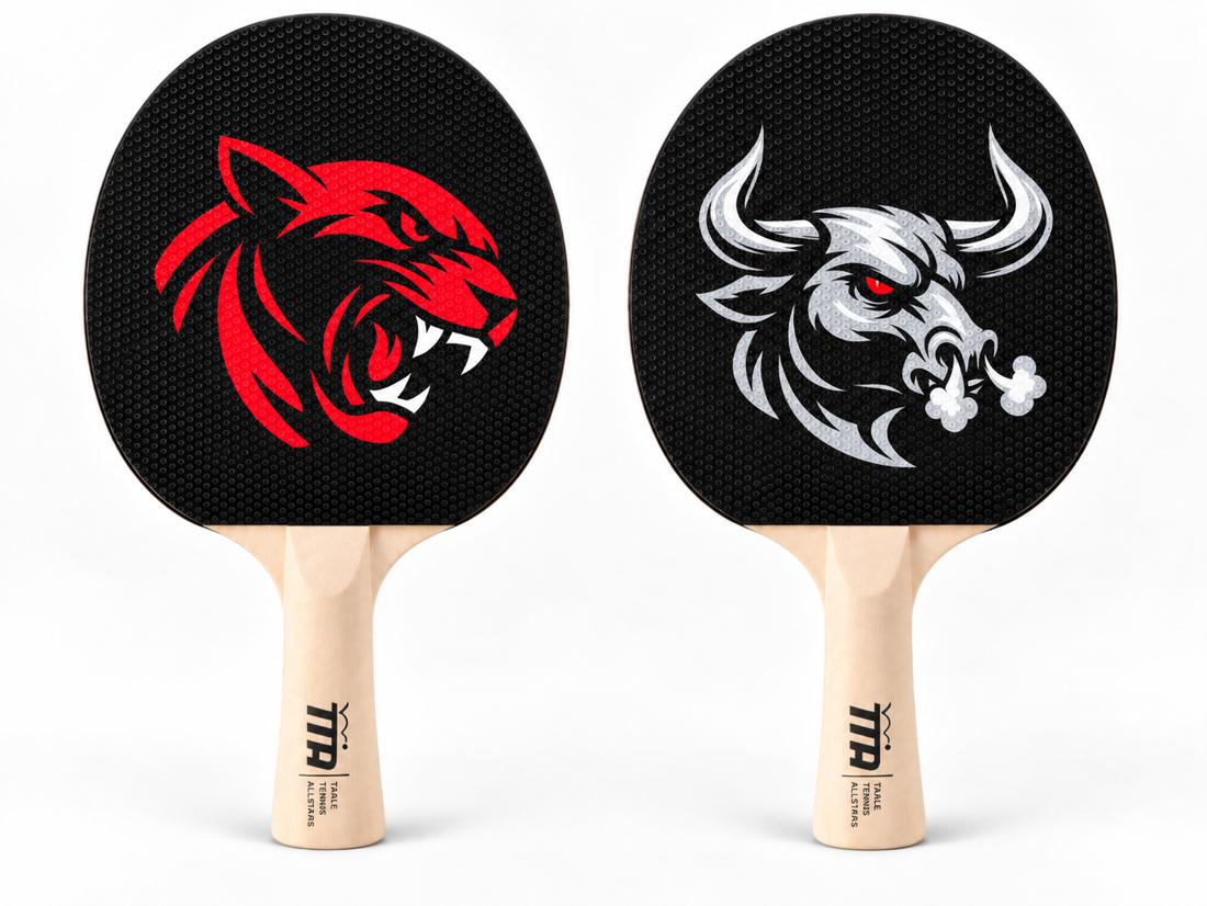 Tisch­tennis­schlä­ger mit rotem Panther und weißem Bullen